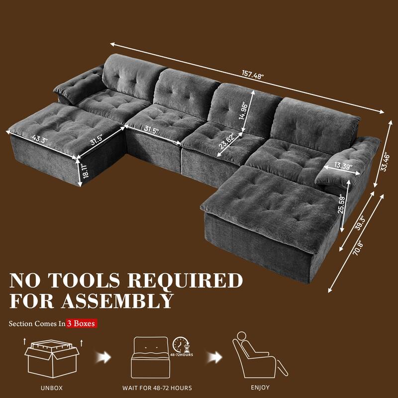 Rossetta 4-Seater Chenille Upholstery Modular Convertible Design Generous Seating Cushioned Sofa with 2 Versatile Ottomans