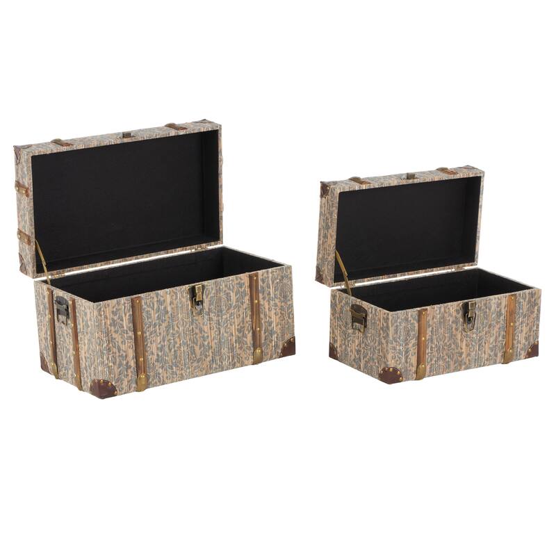 Blue Wooden Vintage Storage Floral Decorative Trunk with Brown Leather and Wood Accents and Gold Studs (Set of 2)