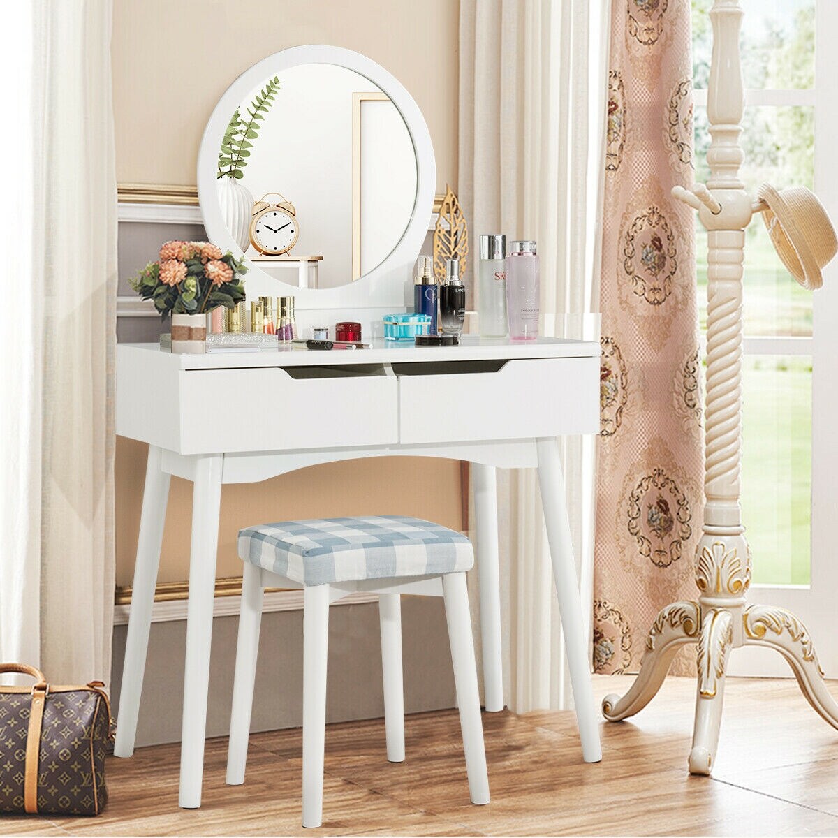 Gymax Bedroom Vanity Set Dressing Table Cushioned Stool W Round Mirror White