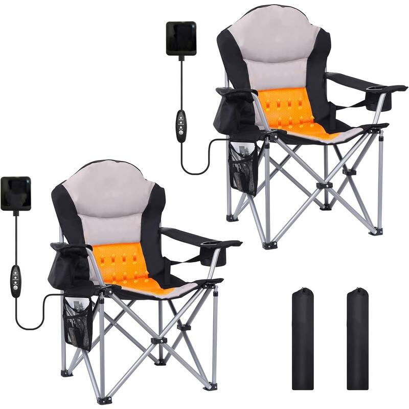 Heated Camping Chair, Folding Chair Camping Heated Chair, Adjustable Chair Back, Cooler Bag, Cup Holder and Zippered Holder - 2-Pack