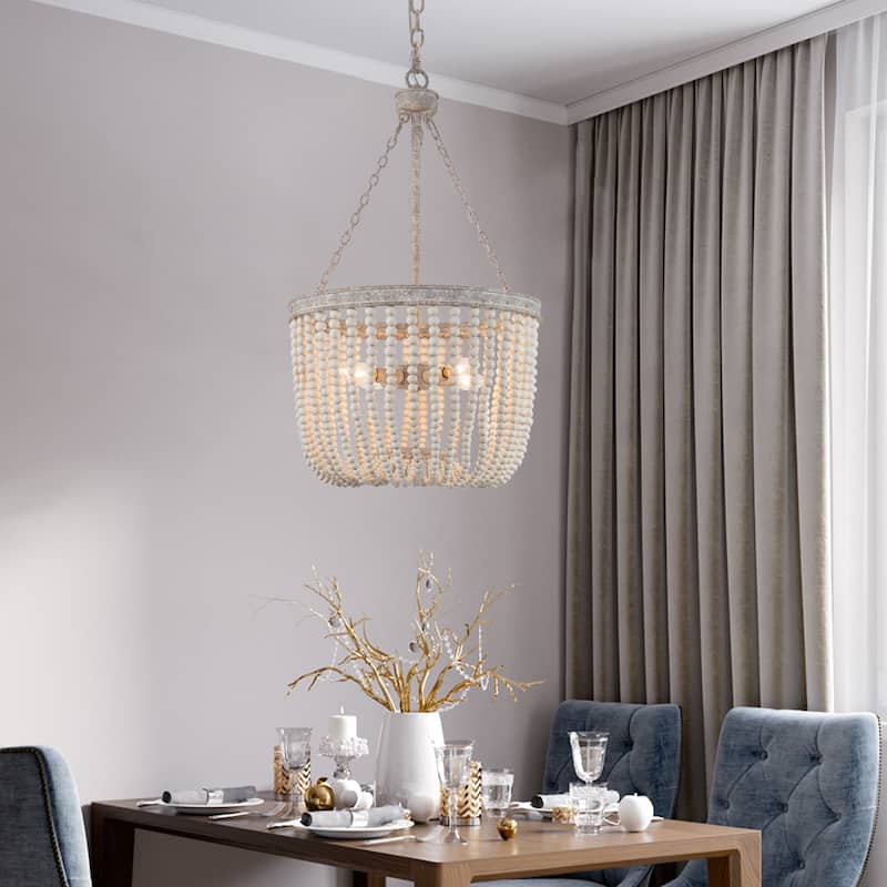 Boho Wood Beads 4-light Chandelier Empire Weathered Coastal Ceiling Light for Dining Room - D15.5"*H87"