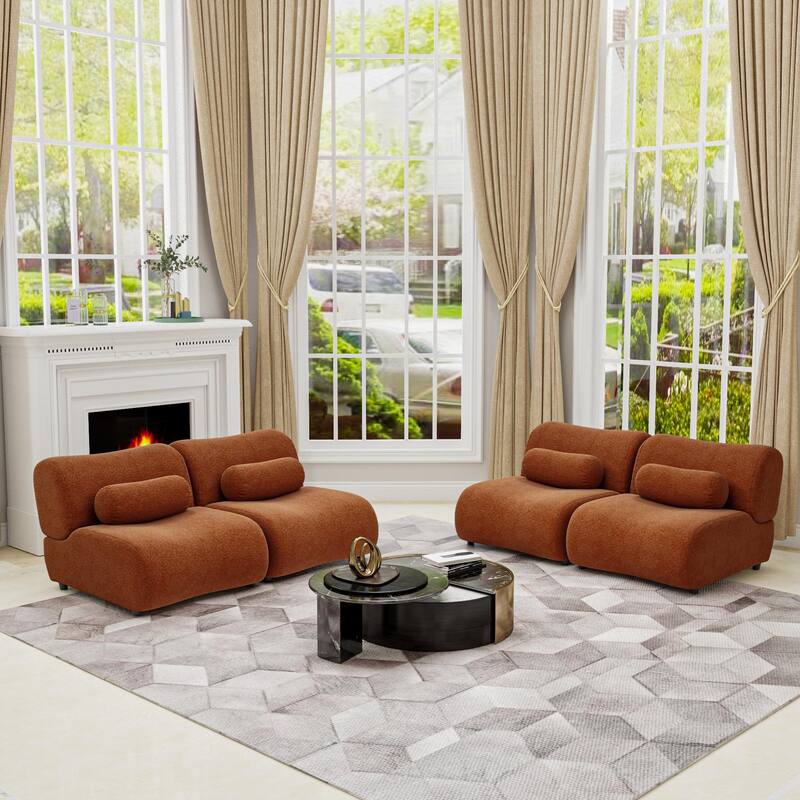 Chenille Modular Sectional Sofa Set, 4-Seater with Reclined Back - Orange