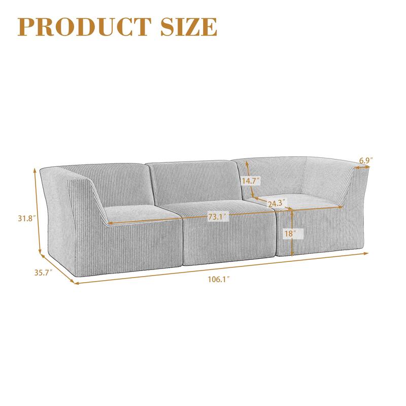 UIXE 106" W Corduroy Deep Seat Comfy 3 Seater Modular Sofa - 106" W