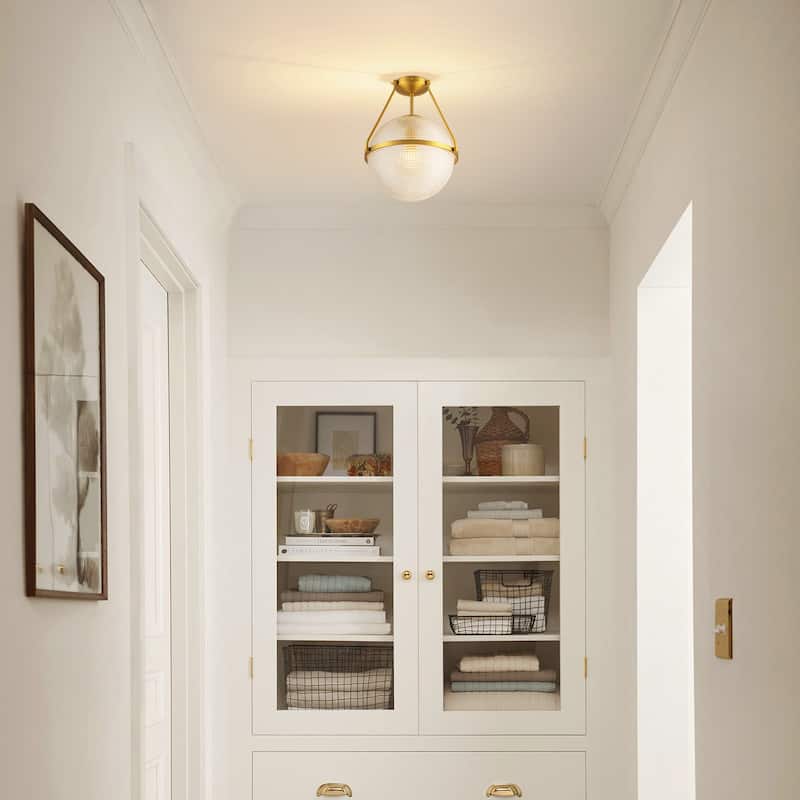 1-Light 14.17" Black/Gold Modern Textured Grid Glass Globe Semi-Flush Mount Light