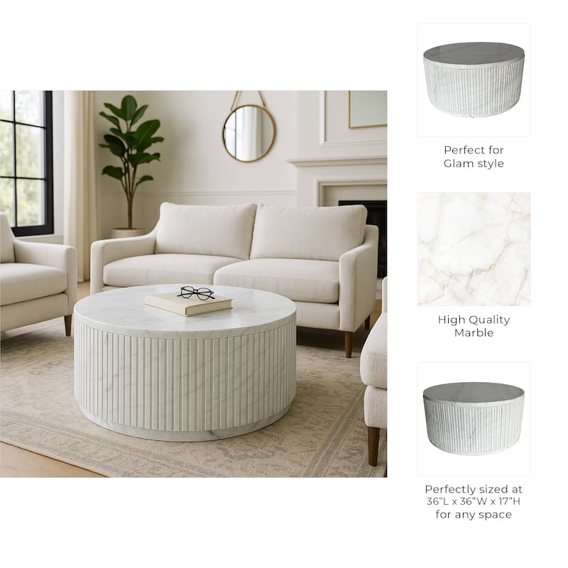 Fluted Round Marble Coffee Table for Home Decor - 36", White - 36.0"