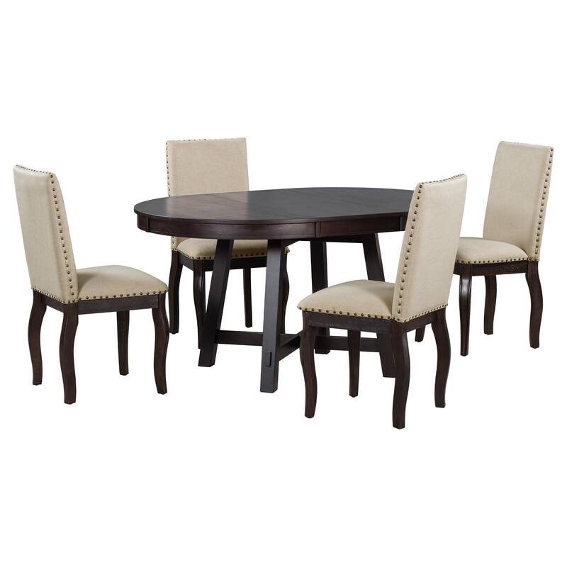 5-Piece Farmhouse Dining Table Set Wood Round Extendable Dining Table and 4 Upholstered Dining Chairs - Espresso