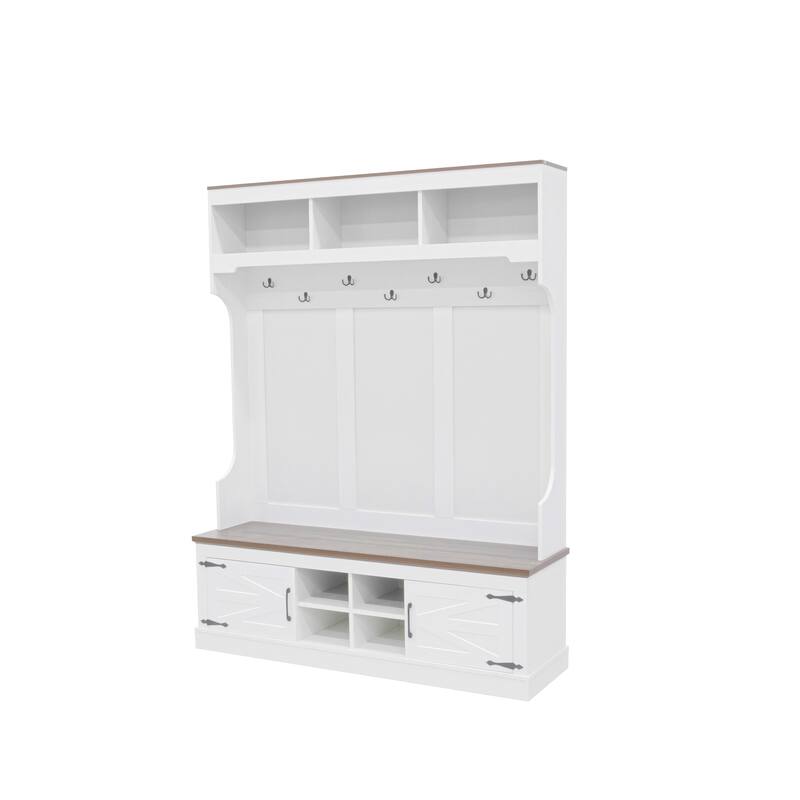 71" Farmhouse Hall Tree with Bench, 5-in-1 Entryway Storage with Coat Rack & 4 Shoe Cubbies