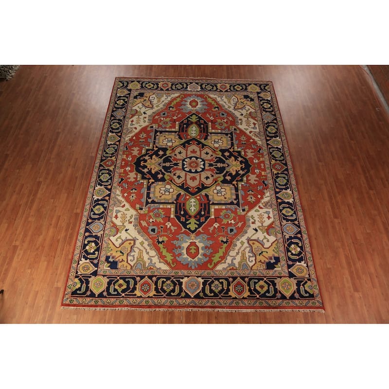 Orange Medallion Heriz Serapi Indian Large Rug Handmade Wool Carpet - 9'11"x 13'9"