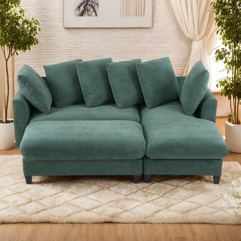 83" Chenille L-Shaped Sectional Sofa with Storage Ottoman and 6 Throw Pillows - Green