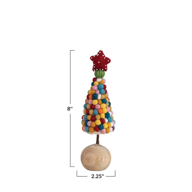 Handmade Wool Felt Pom Pom Tree with Star and Ball Base - 2.3"L x 2.3"W x 8.0"H