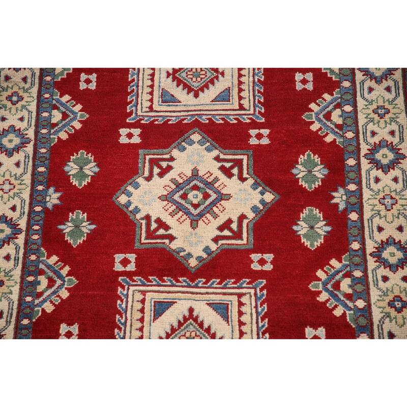 Geometric Red Kazak Oriental Accent Rug Handmade Wool Carpet - 3'3"x 4'6"