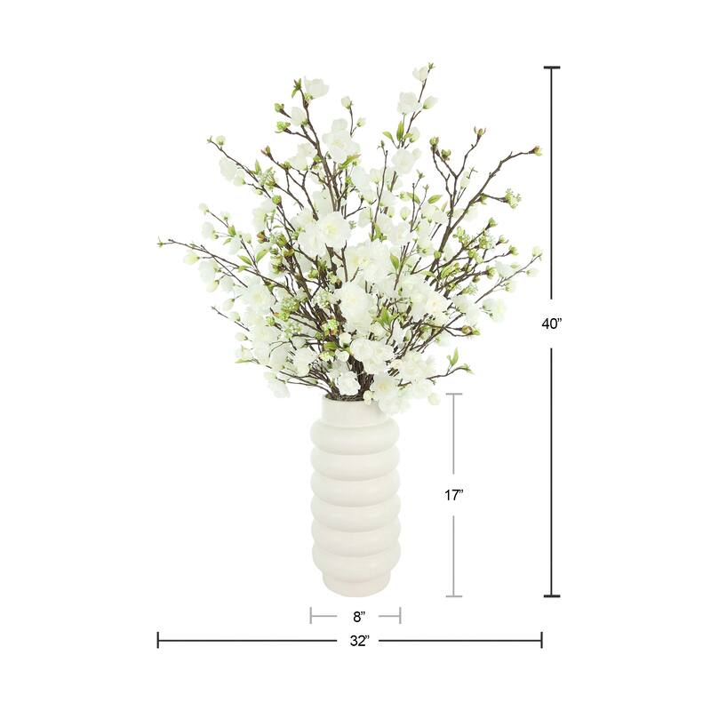 Cherry Blossoms Arranged in Ridged Ceramic Vase - White, Cream