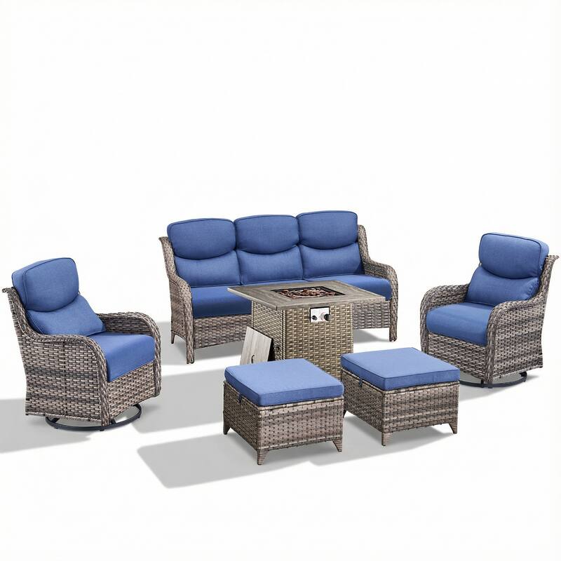 Pocassy Outdoor Propane Fire Table with Sofa Swivel Chair Ottoman Funiture Set.