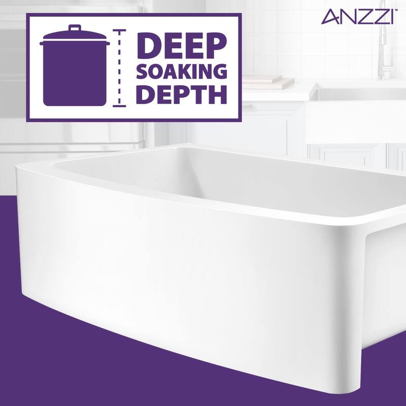 ANZZI Mesa Matte White Solid Surface Farmhouse 33 in. Single Bowl Kitchen Sink with Strainer