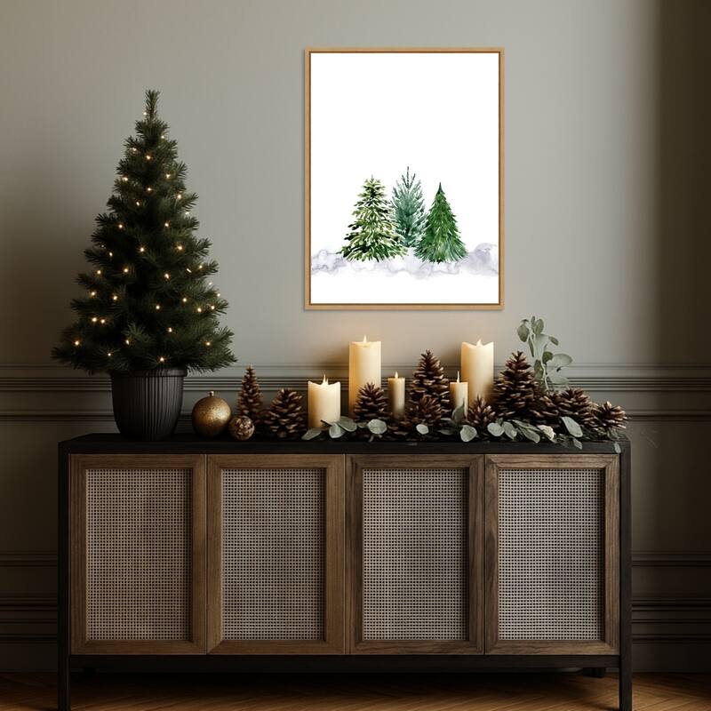 Three watercolor pine trees by Rosana Laiz Blursbyai Framed Canvas Wall Art Print