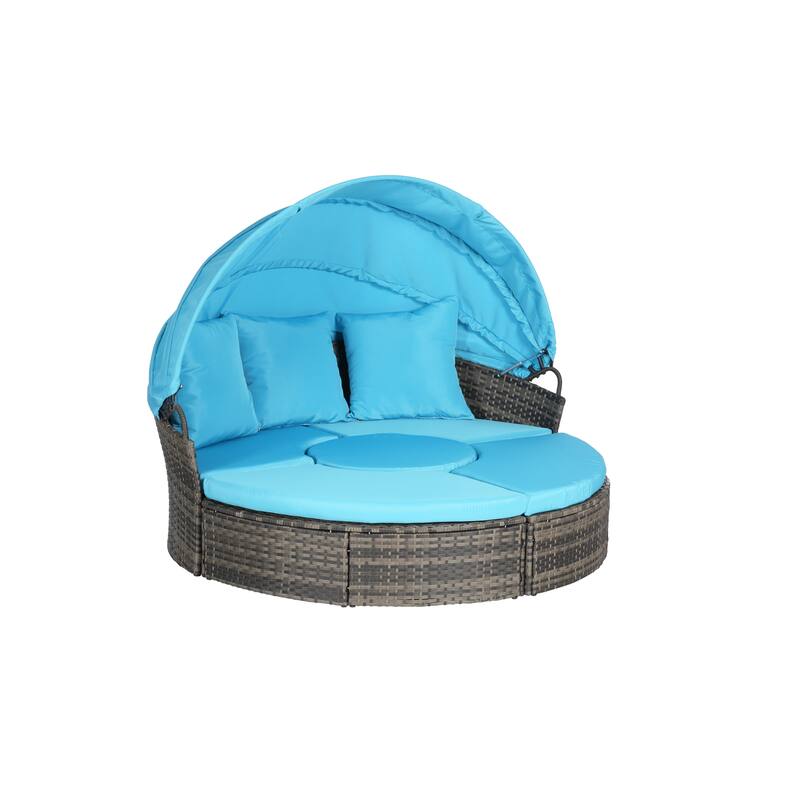 5 Pieces Outdoor Patio Rattan Round Daybed Sunbed with Retractable Canopy and Removable Cushions