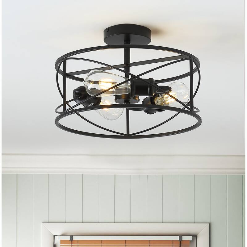 Industrial Black 3-Light Cage Shape Metal Frame Ceiling Semi Flush Mount - Black