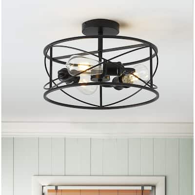 Industrial Black 3-Light Cage Shape Metal Frame Ceiling Semi Flush Mount