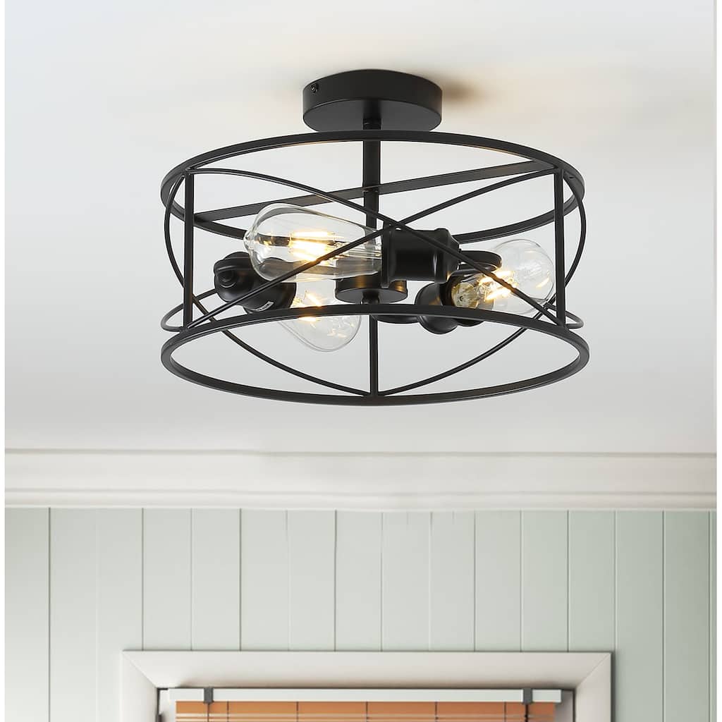 Industrial Black 3-Light Cage Shape Metal Frame Ceiling Semi Flush Mount