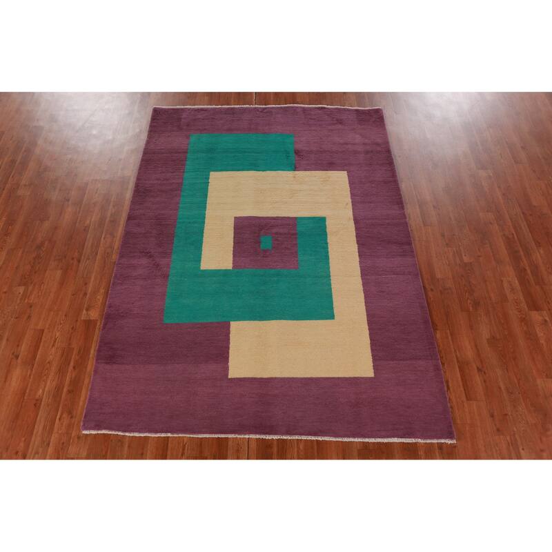 Hand Knotted Oriental 100% Wool Carpet Modern Geometric Purples Gabbeh Area Rug - 7' 3'' X 5' 2''