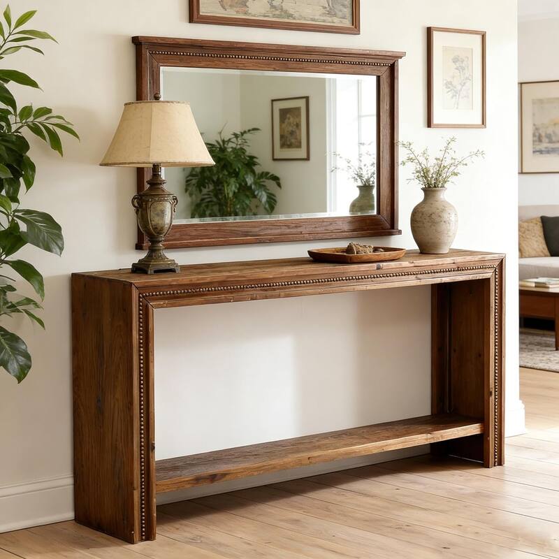 63" Solid Wood Console Table, Farmhouse Narrow Long Entryway Table with Shelf - 63" W × 11.6" D × 31.5" H - Dark Brown