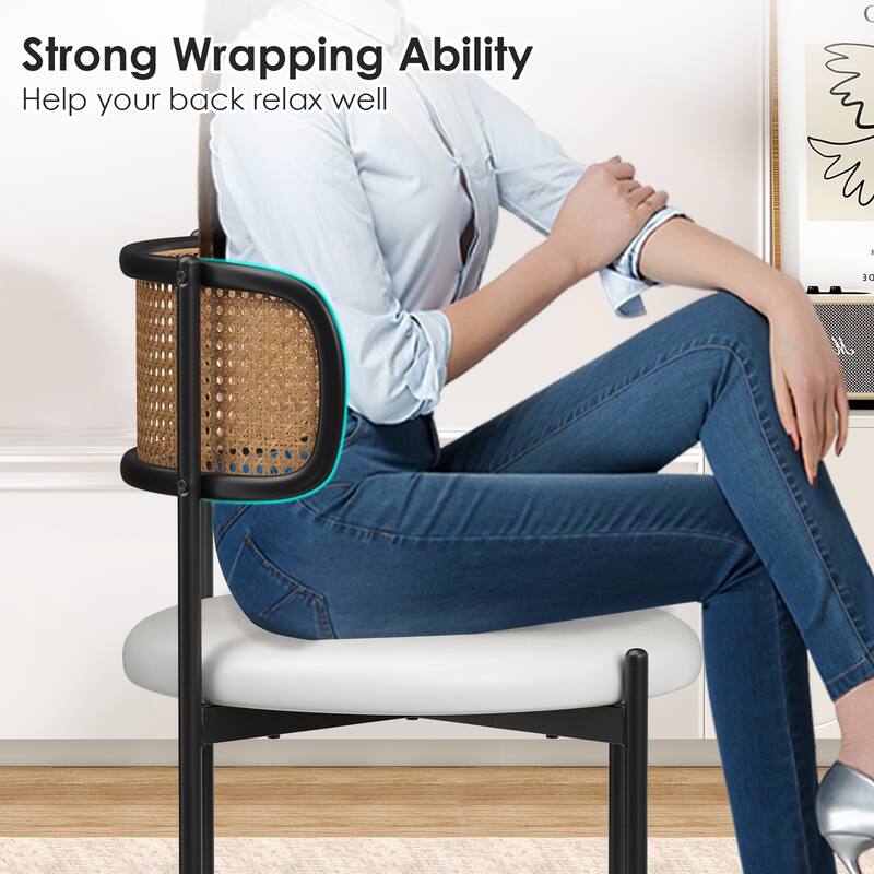 Dining Chairs Set of 4, PU Leather Upholstered Seat with Woven Rattan Back, Sturdy Metal Legs Modern Side Chairs