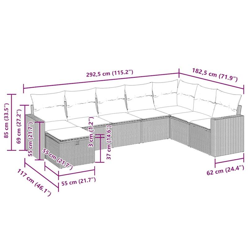 vidaXL 8 Piece Patio Sofa Set with Cushions Black Poly Rattan - 21.7 x 24.4 x 27.2