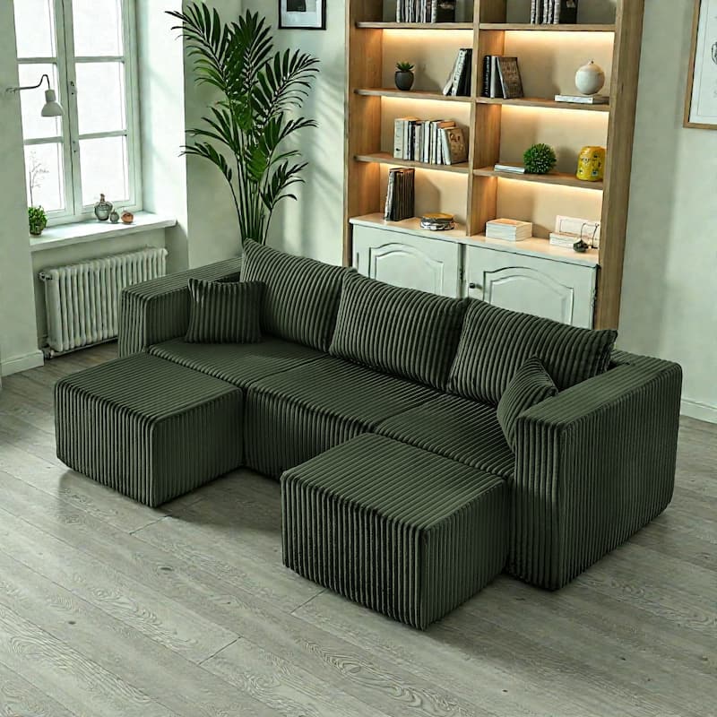 Compact Modular Sectional Sofa, Compressed Corduroy Cloud Couch, No Assembly Space Saving Sofa for Apartment - Green