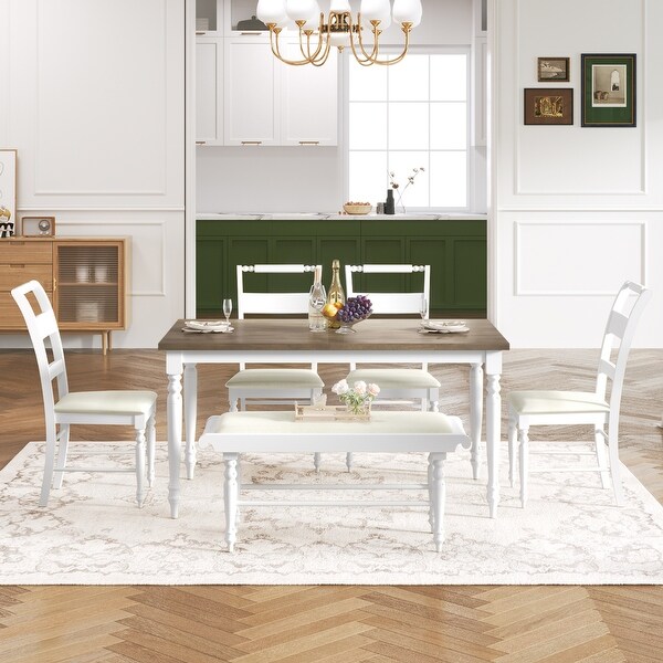 Vintage Style 6 Piece Table Set with Swivel Legs, 4 Upholstered