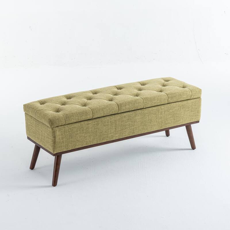 Linen Storage Ottoman Bench with Wood Legs, Upholstered Entryway Bench Tufted Mid Century Modern Ottoman Bedroom End of Bed - Olive