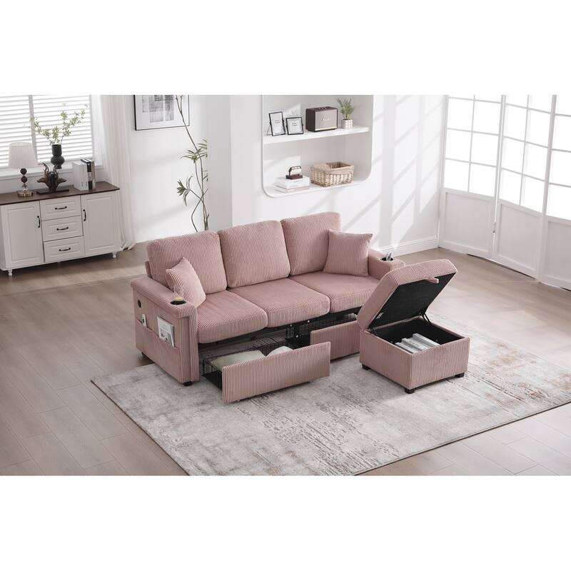L-Shaped Sectional Sofa with Pull-Out Storage,Ottoman & Pillows 3-Seat with USB Charging,Cup Holder, Convertible Design