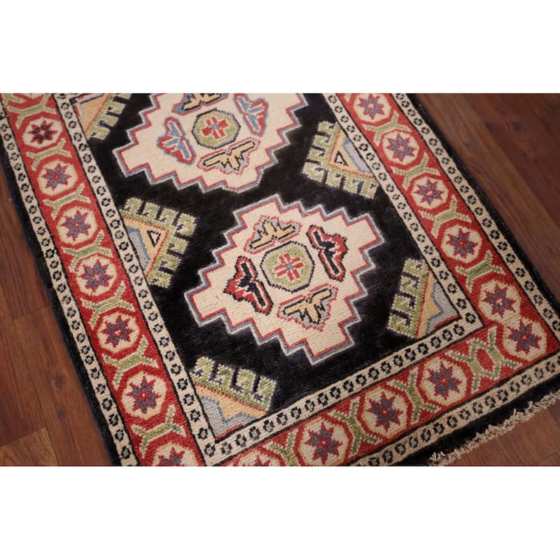 Black Geometric Kazak Oriental Foyer Rug Hand-Knotted Wool Carpet - 2'1" x 2'8"