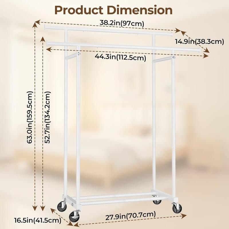 Double Rods Clothes Rack, Rolling Clothing Rack for Hanging