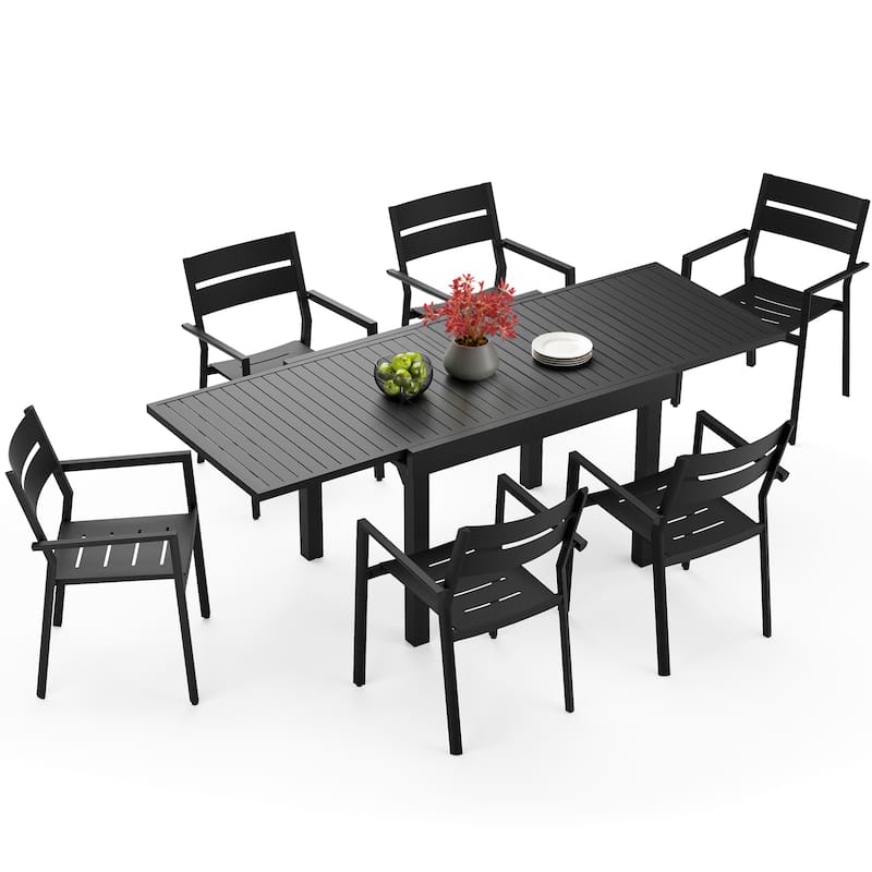 5/7/11 Piece Set Outdoor Dining Set Aluminum Patio Expandable Table with Stackable Chairs - Black - Set of 7
