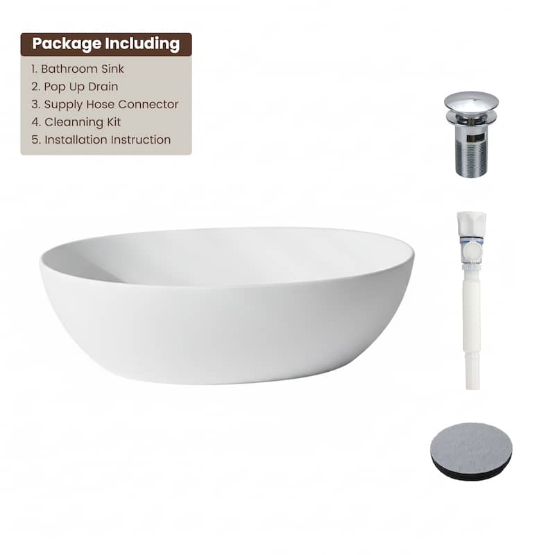 Solid Surface Vessel Bathroom Sink with Pop-Up Drain and Drain Hose, Modern Above Counter Wash Basin with Center Drain