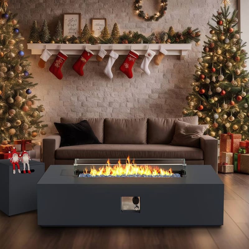 UPHA 56 Inch Outdoor Propane Fire Pit Table, 50,000 BTU Iron Rectangular Gas Fire Pits with Tank Cover, Lid and Wind Guard