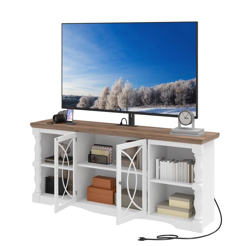 Moasis Farmhouse TV Stand with Mount for 32-70 Inch TVs, Entertainment Center with Power Outlets & Tempered Glass Doors