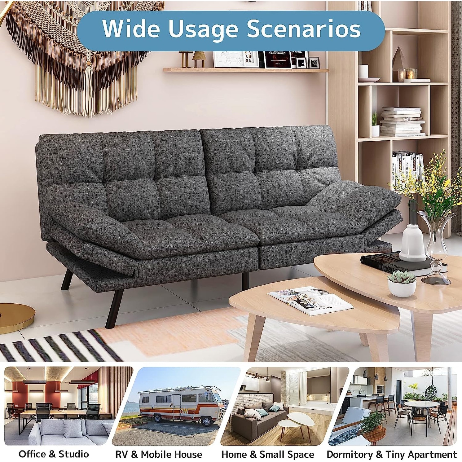 Futon Sofa Bed Memory Foam Foldable Couch Convertible Loveseat