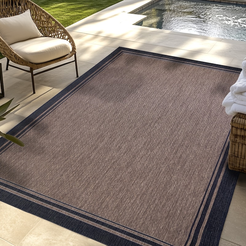 Gertmenian Paseo Soroa Havana/Black Classic Border Flatweave Indoor/ Outdoor Area Rug, 6x9 - 6'6"x9'6"