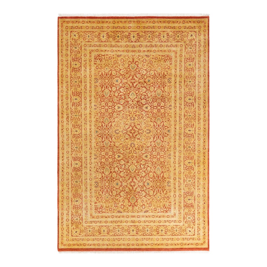 Overton Handknotted Wool Traditional Oriental Orange Area Rug - 6' x 9'