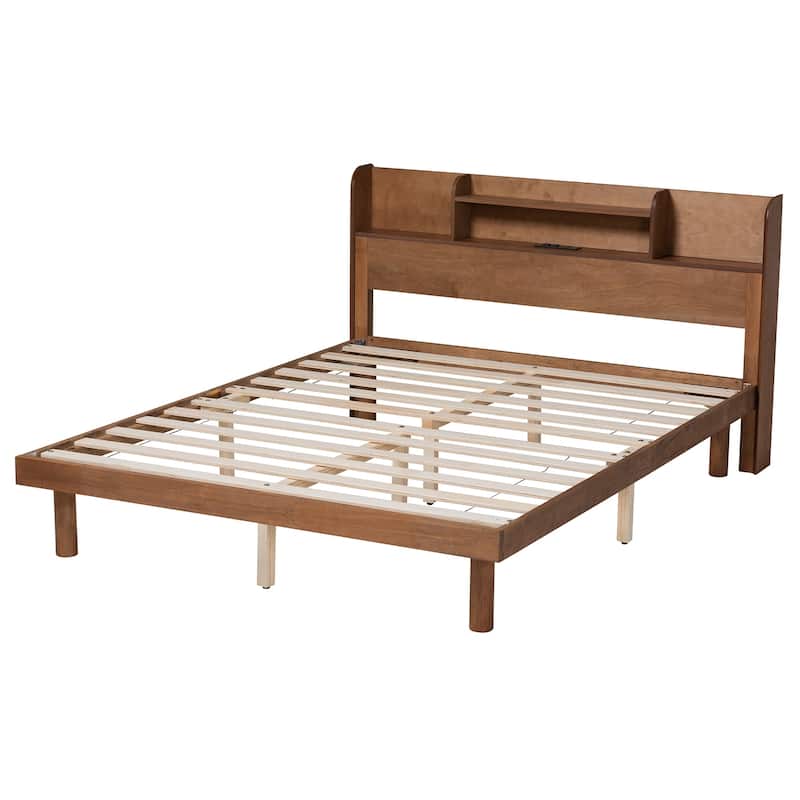 Full Size Platform Bed with Charging Station - Modern Wood Bed Frame, Walnut Brown Finish, Low Profile Design