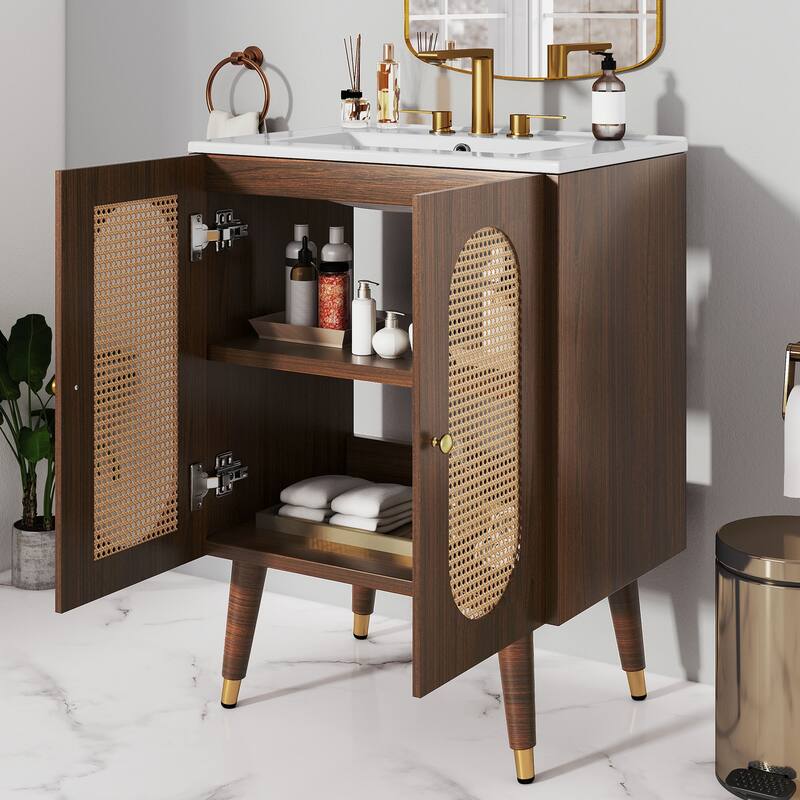24" Rattan Boho Bathroom Vanity with Sink