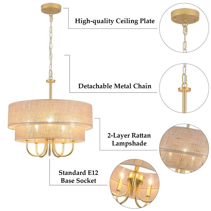 18.1-in 5-Light Farmhouse Rattan Pendant Light with 2-Tier Hand-Woven Drum Shade for multiple rooms