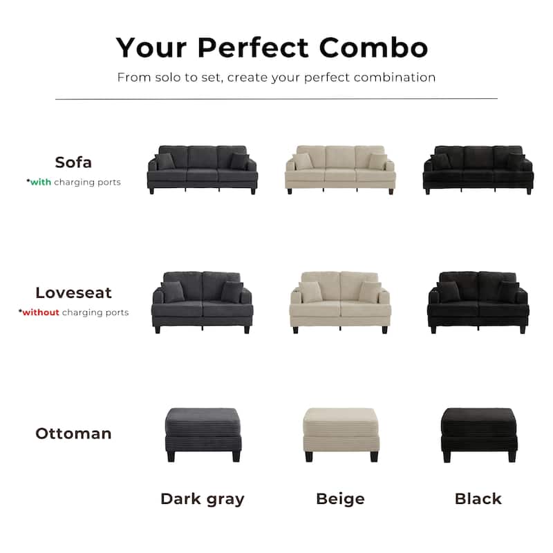 Furniture of America Xenia Modern 3-Piece Chenille Sofa and Ottoman Set