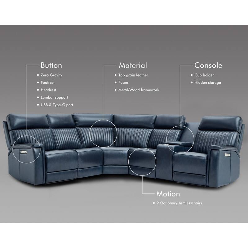 Genuine Leather Power Recliner Sectional Sofa with Console, Ajustable Headrest, USB&USB-C Port