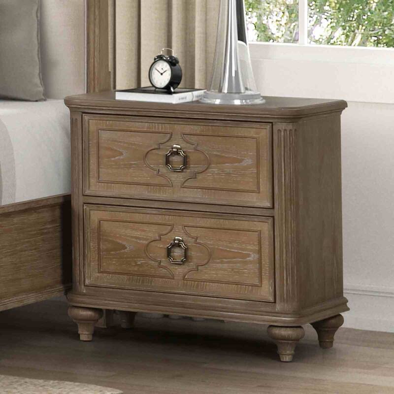 Rustic Oak Finish Transitional Bedroom Set Bed Chest Dresser Mirror USB Charging Nightstand