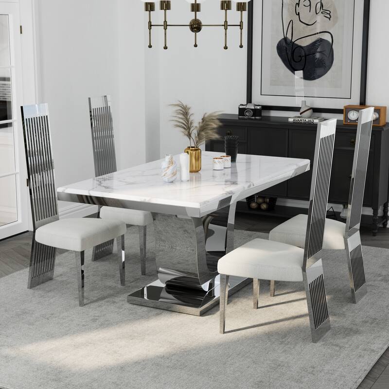 Faux Mable Dining Table Set with White Boucle and High Back Chairs - Table with 4 Chairs - White Silver