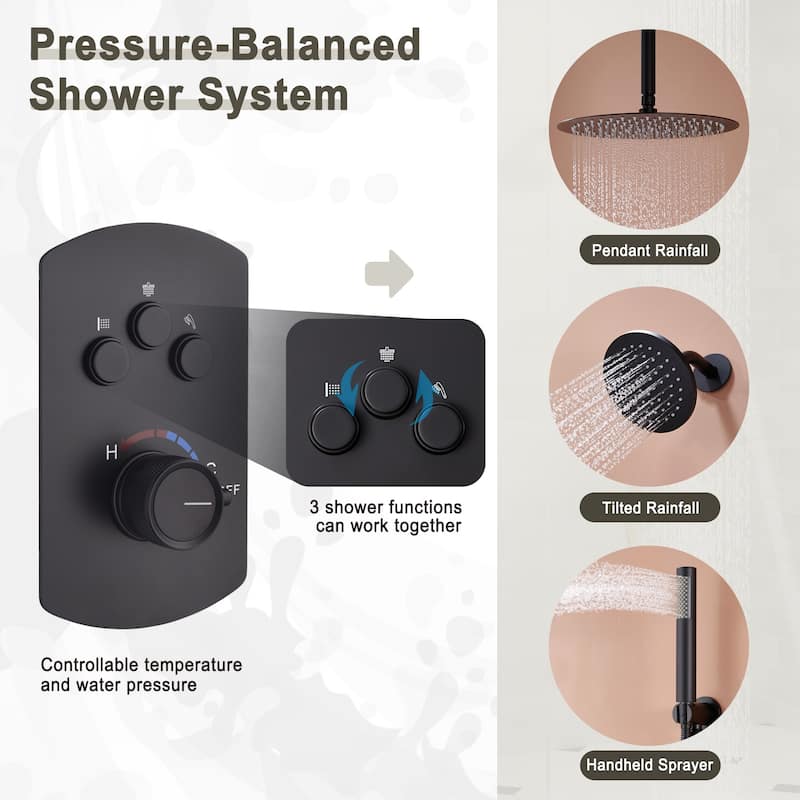 Pressure Balanced 3-Spray Patterns 2.5 GPM 12 in. Dual Shower Head Ceiling Mount Fixed and Handheld Shower Head - 12" x 12"