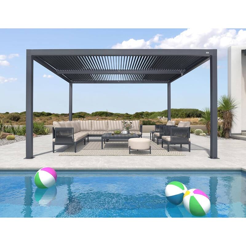 PURPLE LEAF Gray Louvered Pergola Outdoor Aluminum Pergola with Adjustable Roof for Patio Grey Hardtop Gazebo - 12' x 14' - Grey