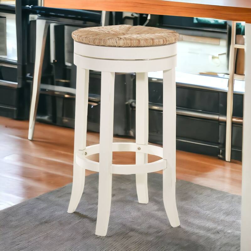 24" Natural And Antiqued White Solid Wood Swivel Backless Counter Height Bar Chair